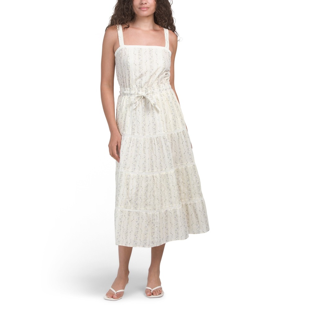 Sorella Floral Eyelet Midi Dress Size L Off White Blue Cottagecore